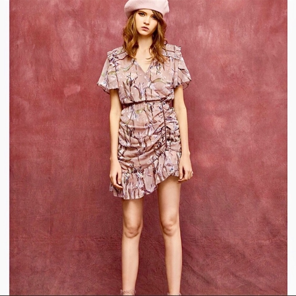 Foxiedox Ruched Dress Ruffle Asymmetrical Hem